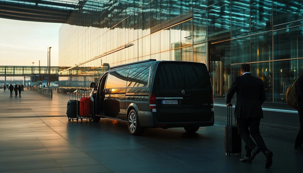 Mercedes V-Class chauffeur loading cruise luggage outside a Heathrow terminal